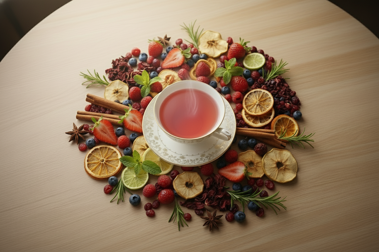 cup of pink herbal tea with dried and fresh fruits and herbs 